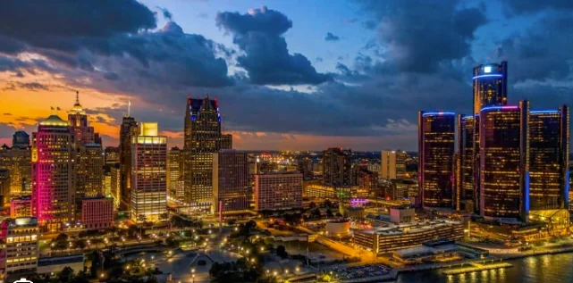 The Detroit skyline at dusk
